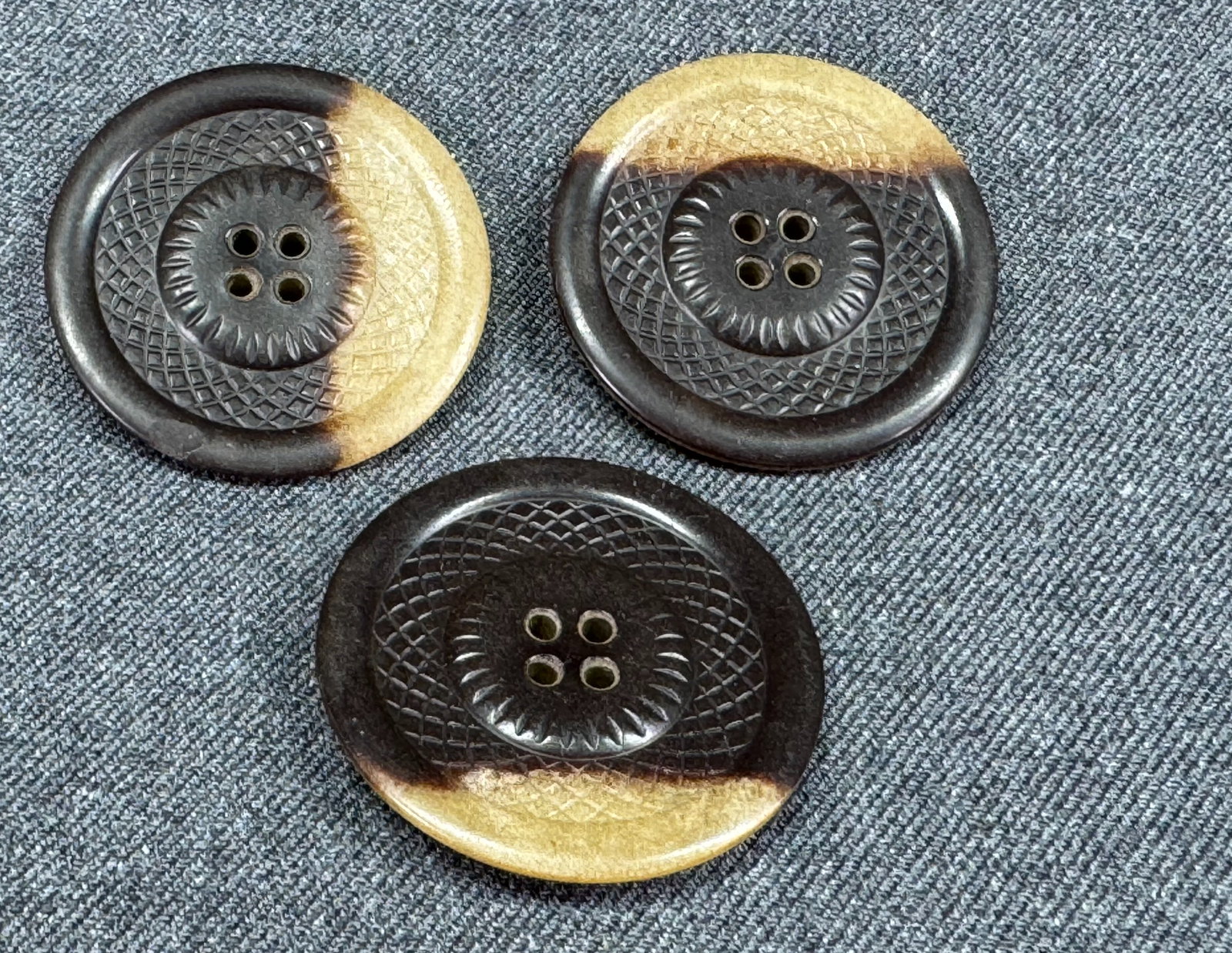 Vintage brownish carved tagua buttons. Lot of 3: IN HOUSE FLAT SHIPPING & HANDLING COST WITHIN ALL THE U.S. : $7 To bypass LiveShipping, and use our In-House shipping service for $7 or shipping combined for multiple lots, please select
