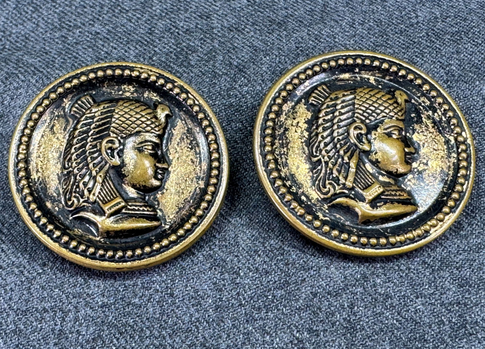Vintage egyptian revival black accents goldtone metal tin back buttons. Lot of 2: IN HOUSE FLAT SHIPPING & HANDLING COST WITHIN ALL THE U.S. : $7 To bypass LiveShipping, and use our In-House shipping service for $7 or shipping combined for multiple lots, please select “Arrange Yo