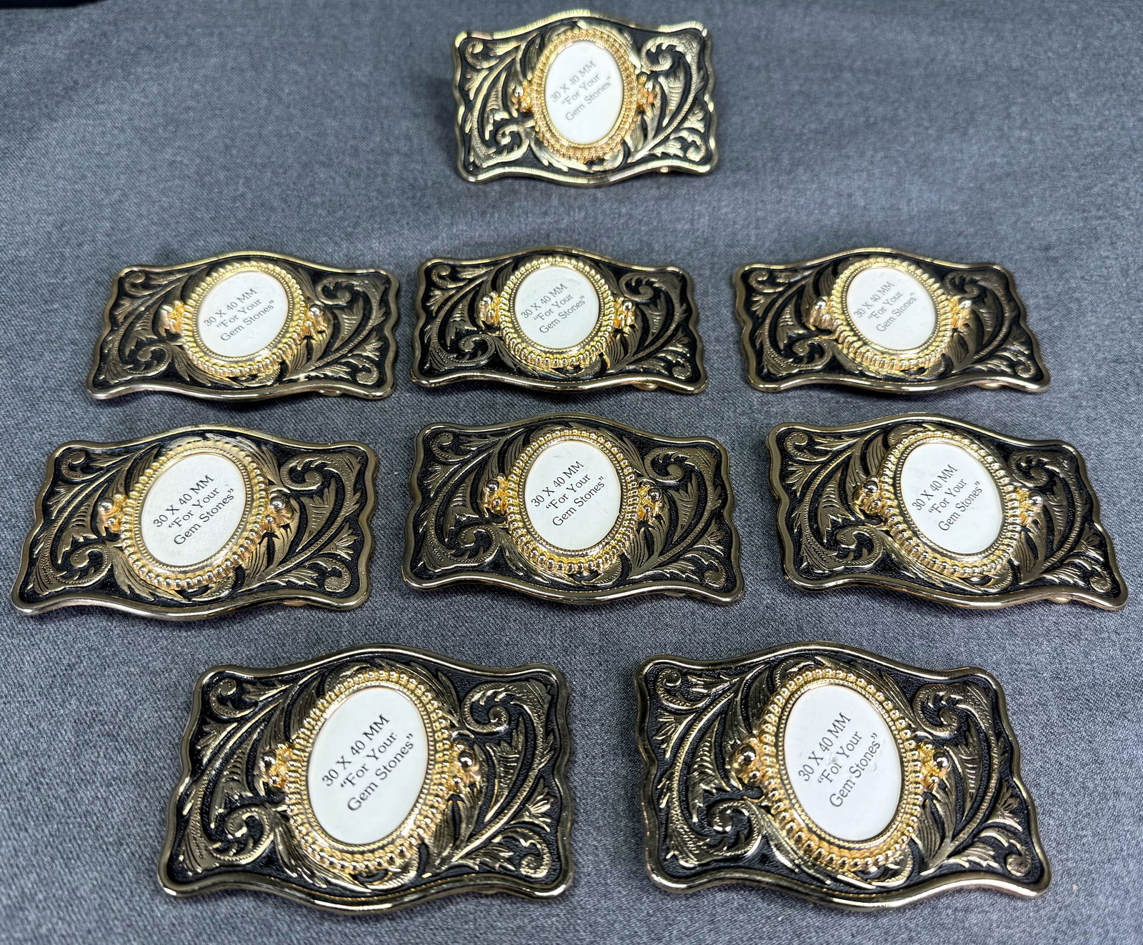 Vintage Western black paint silvertone metal insert your gem stone heavy belt buckle. Lot of 9 (1 of 6)