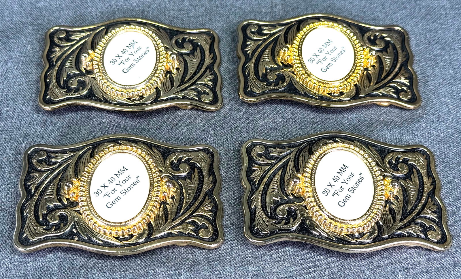 Vintage Western black paint goldtone metal insert your gem stone heavy belt buckle. Lot of 4: IN HOUSE FLAT SHIPPING & HANDLING COST WITHIN ALL THE U.S. : $12 To bypass LiveShipping, and use our In-House shipping service for $12 or shipping combined for multiple lots, please select “Arrange