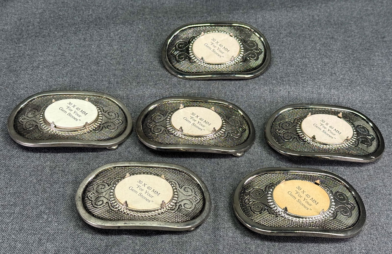 Vintage Western black paint silvertone metal insert your gem stone heavy belt buckle. Lot of 6 (1 of 6)