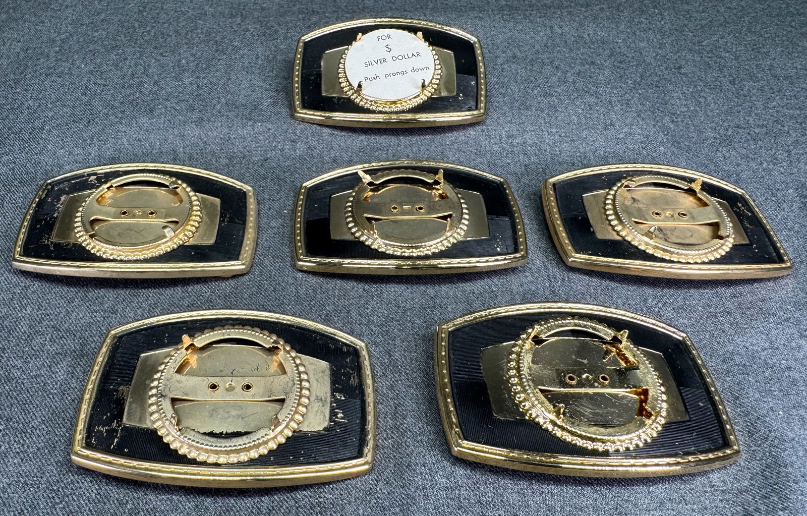 Vintage Western black paint goldtone metal insert a Silver Dollar heavy belt buckle. Lot of 6 (1 of 10)