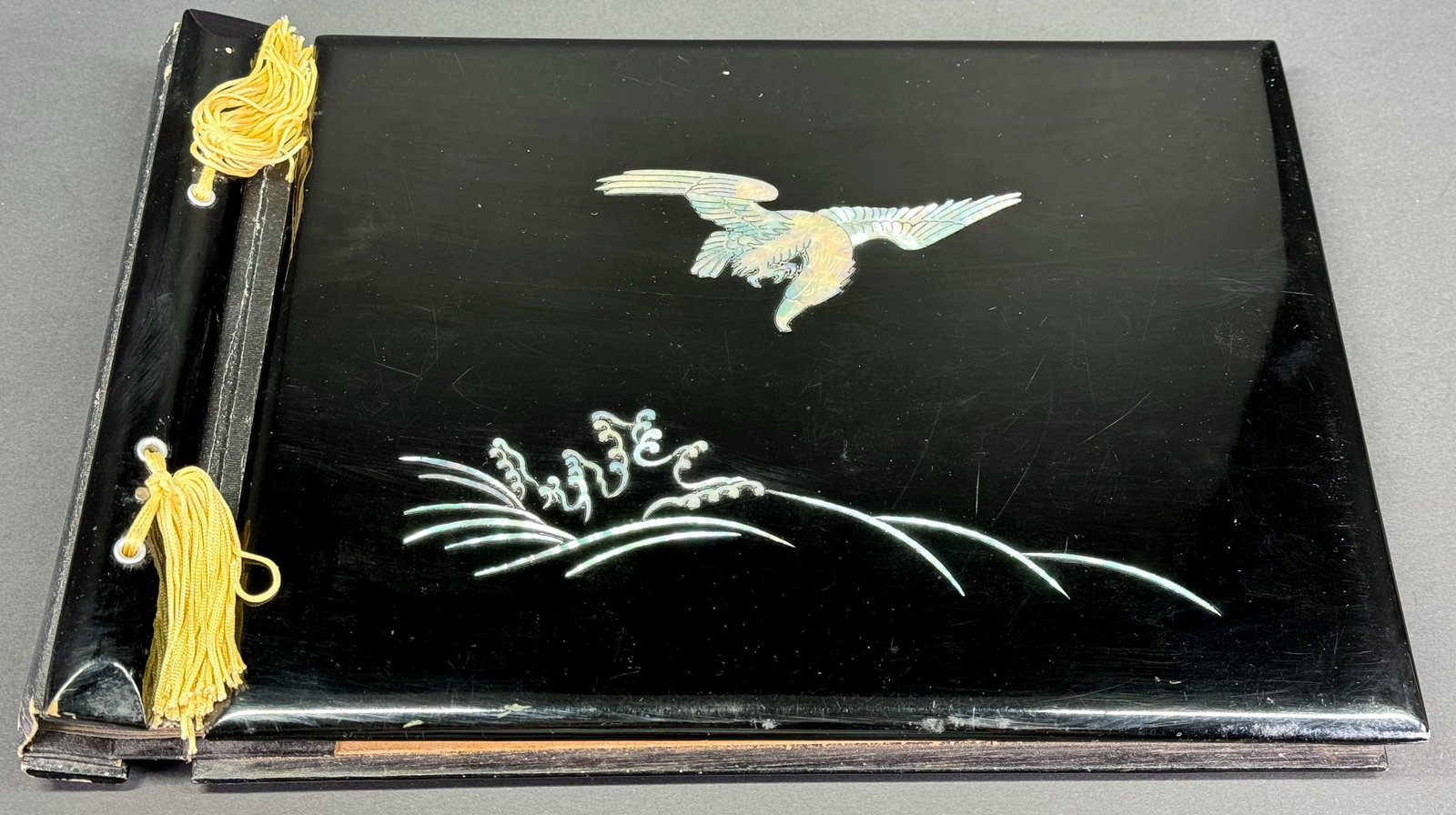 Vintage MOP eagle and waves black lacquered wooden cover photo album.: IN HOUSE FLAT SHIPPING & HANDLING COST WITHIN ALL THE U.S. : $15 To bypass LiveShipping, and use our In-House shipping service for $15 or shipping combined for multiple lots, please select “Arrange