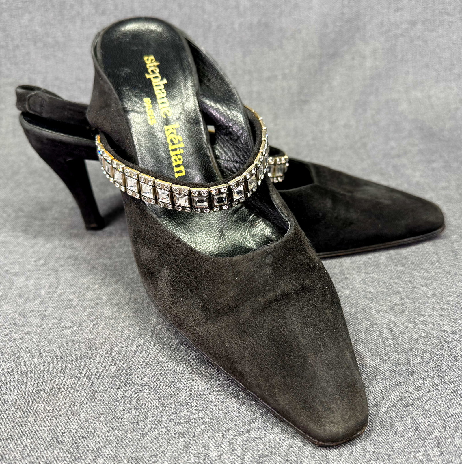 Stephane Kelian Black Suede Jeweled Strap Shoes *c: Stephane Kelian Black Suede Jeweled Strap Shoes. Size 4 1/2 For measures please refer to the pictures taken with a measuring tape. IN HOUSE FLAT SHIPPING & HANDLING COST WITHIN ALL THE U.S. : $12 To b