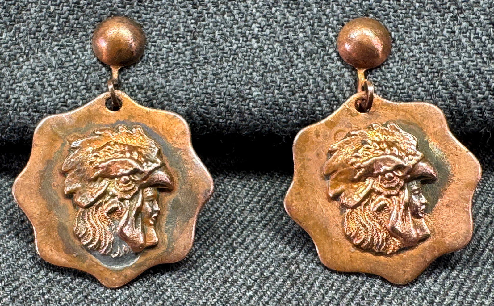Vintage Indian Chief copper screw back earrings: IN HOUSE FLAT SHIPPING & HANDLING COST WITHIN ALL THE U.S. : $7 To bypass LiveShipping, and use our In-House shipping service for $7 or shipping combined for multiple lots, please select “Arrange Yo