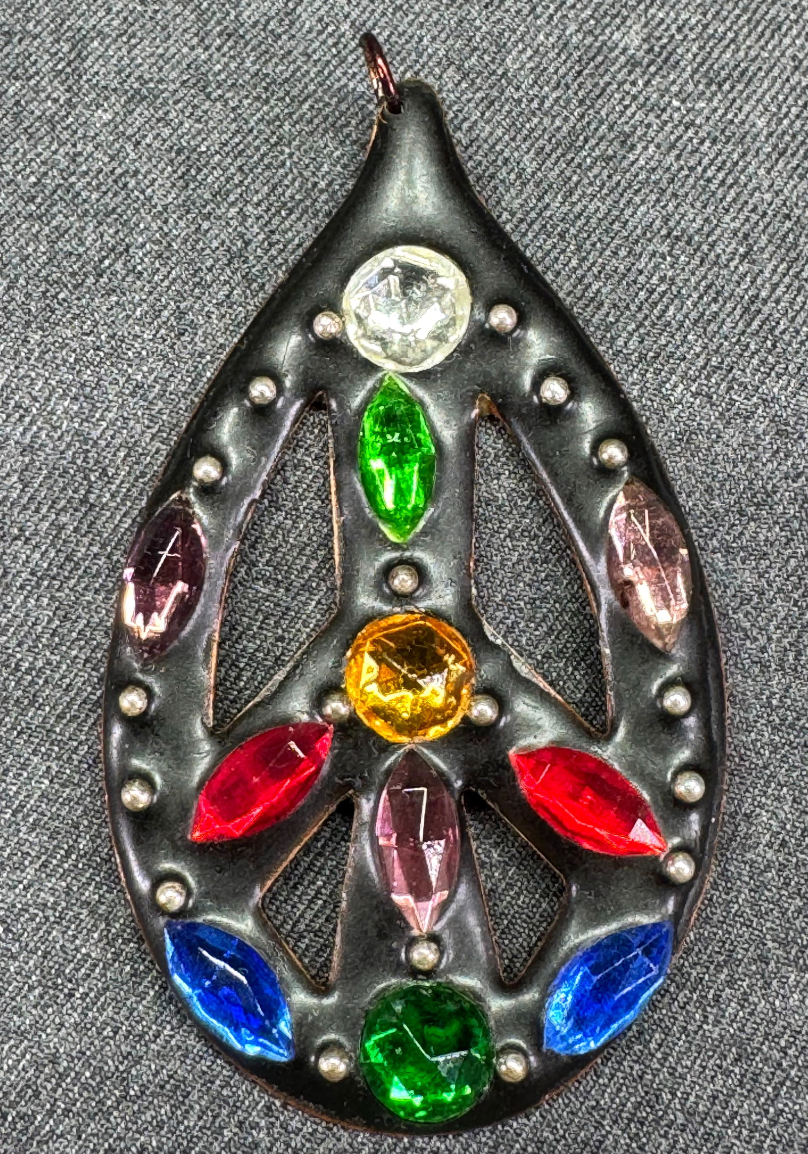 Vintage encrusted crystals enamel copper peace sign drop large pendant. V (1 of 4)