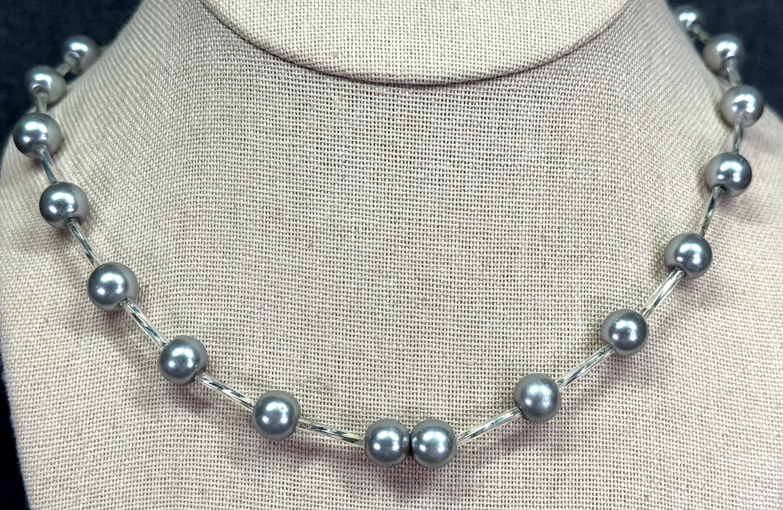 Artsy wired gray pearly & tube glass beads necklace: IN HOUSE FLAT SHIPPING & HANDLING COST WITHIN ALL THE U.S. : 7 To bypass LiveShipping, and use our In-House shipping service for 7 or shipping combined for multiple lots, please select “Arrange Your