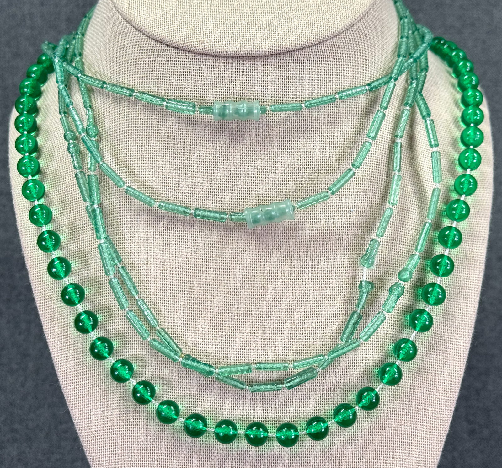 Vintage aqua and green thermoplastic beads necklaces. Lot of 3: IN HOUSE FLAT SHIPPING & HANDLING COST WITHIN ALL THE U.S. : 7 To bypass LiveShipping, and use our In-House shipping service for 7 or shipping combined for multiple lots, please select “Arrange Your