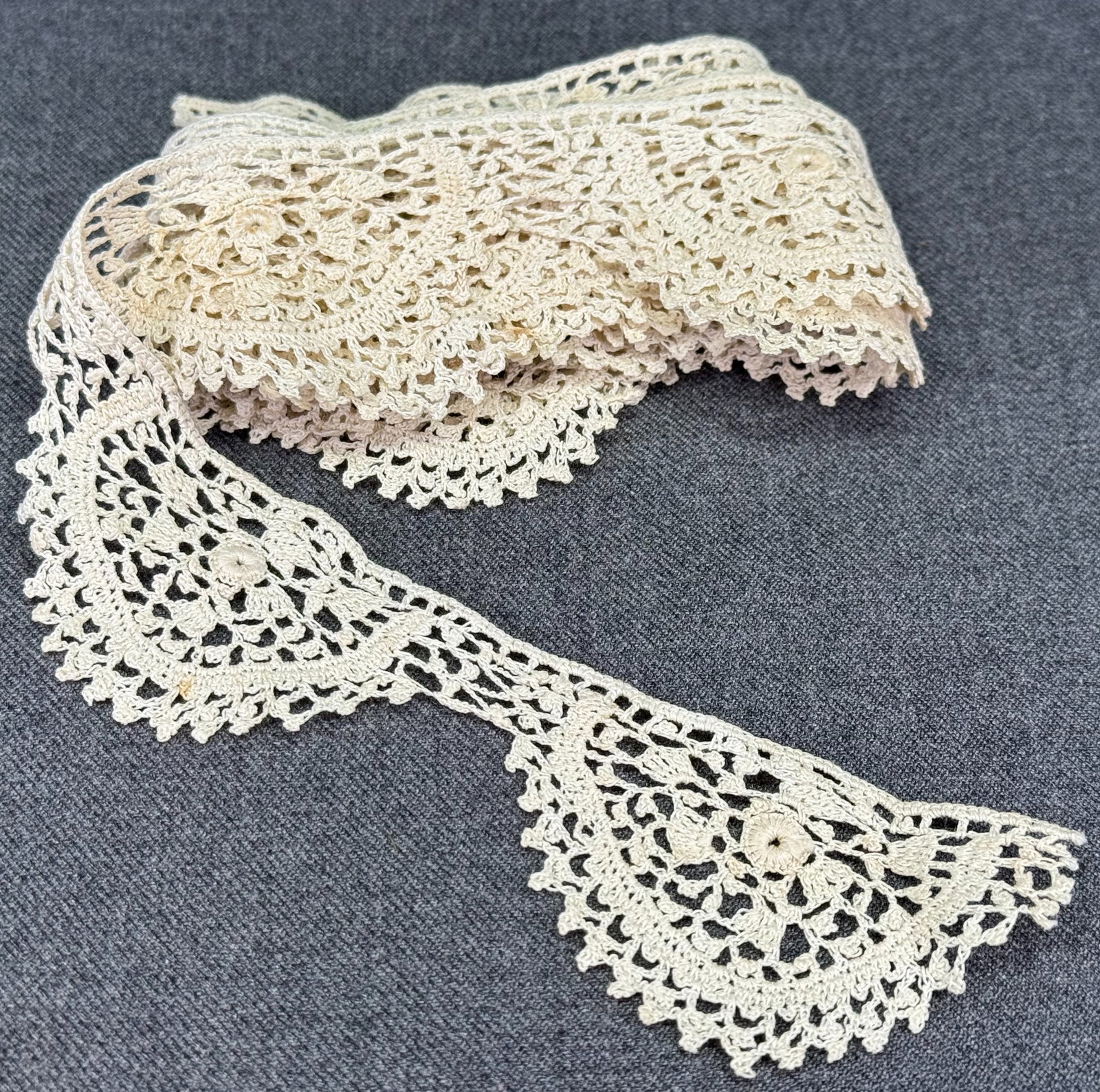 Vintage Irish crochet lace trim . #B: Vintage Irish crochet lace trim . For measures please refer to the pictures taken with a measuring tape. Weight: 13 Grams. IN HOUSE FLAT SHIPPING & HANDLING COST WITHIN ALL THE U.S. : $7 To bypass Liv