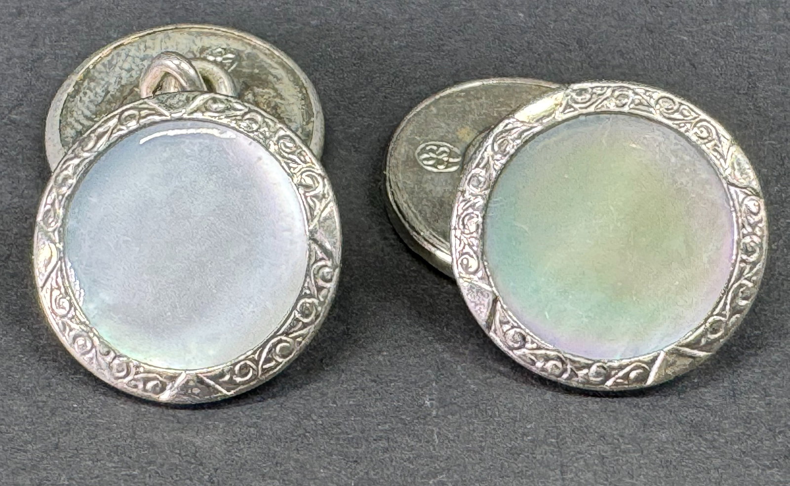 Antique art deco MOP decorated rim silvertone metal cufflinks. Original cardboard.: IN HOUSE FLAT SHIPPING & HANDLING COST WITHIN ALL THE U.S. : 7 To bypass LiveShipping, and use our In-House shipping service for 7 or shipping combined for multiple lots, please select “Arrange Your