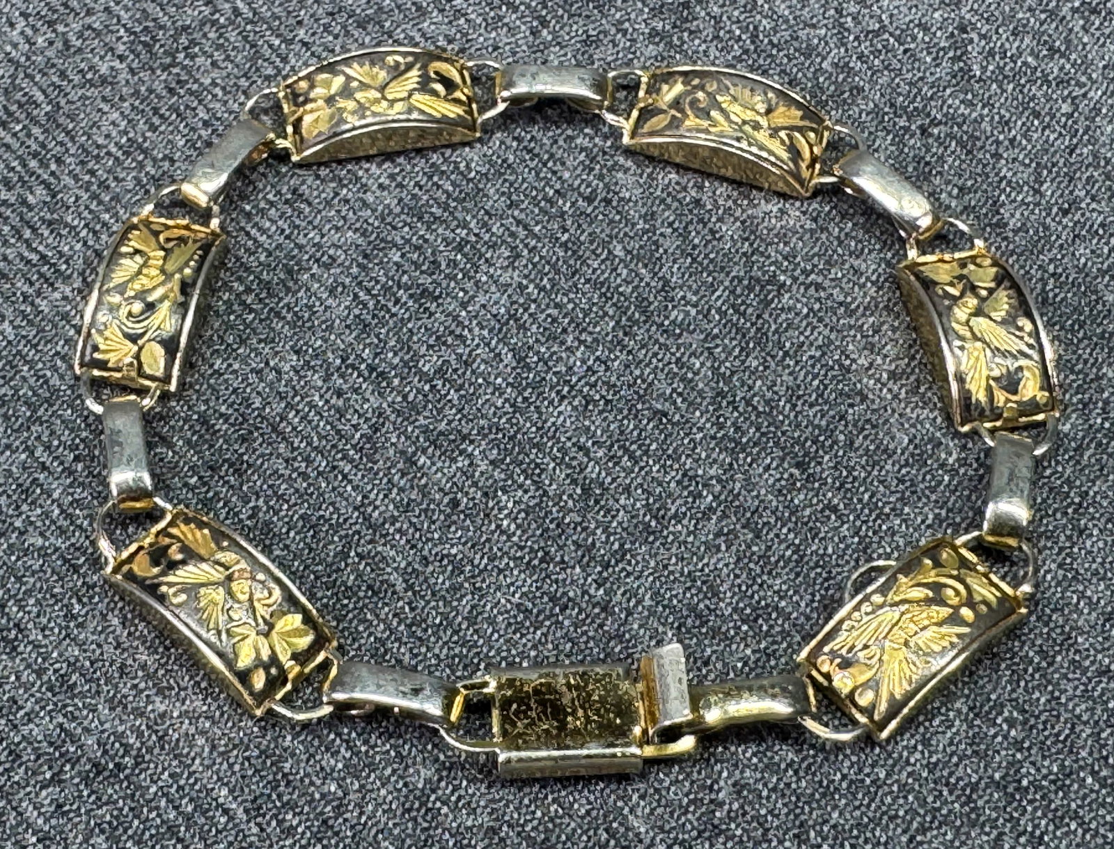Vintage birds & flowers damascene dome panels bracelet *b (1 of 6)