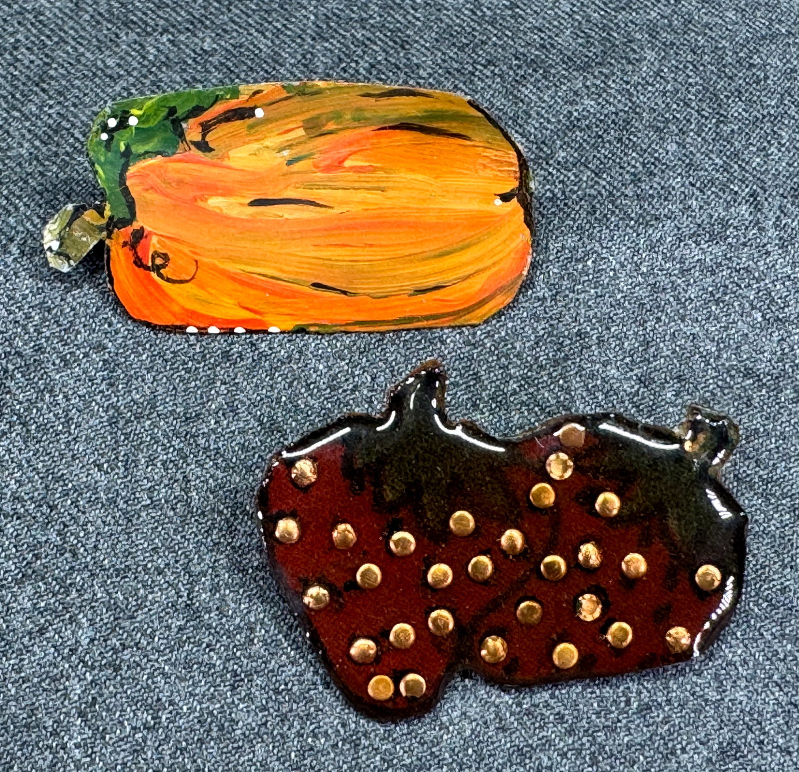 Vintage artsy enameled copper strawberries & Marsha 2001 painted tin pumpkin pin brooches: IN HOUSE FLAT SHIPPING & HANDLING COST WITHIN ALL THE U.S. : 7 To bypass LiveShipping, and use our In-House shipping service for 7 or shipping combined for multiple lots, please select “Arrange Your