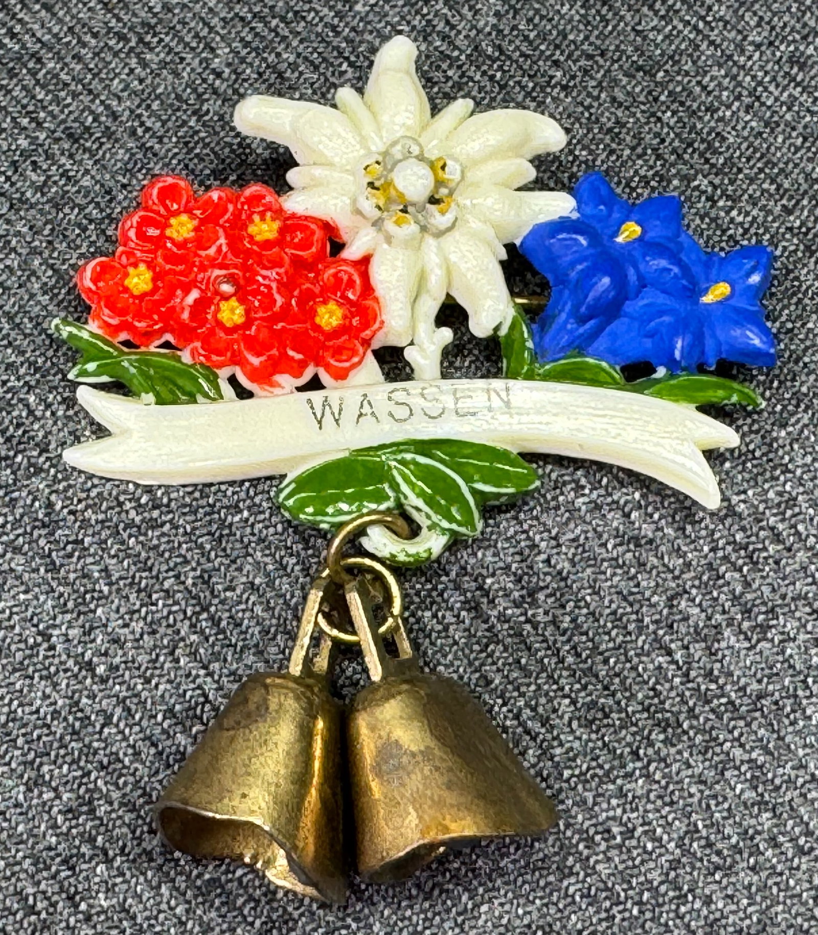 Vintage Wassen edelweiss & alpine flowers metal bell dangles celluloid souvenir brooch pin: IN HOUSE FLAT SHIPPING & HANDLING COST WITHIN ALL THE U.S. : 7 To bypass LiveShipping, and use our In-House shipping service for 7 or shipping combined for multiple lots, please select “Arrange Your