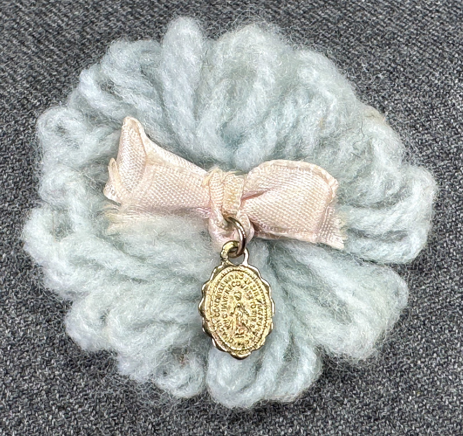 Vintage Our Lady Miniature metal medal hand knotted woll flower with silky bow (1 of 4)