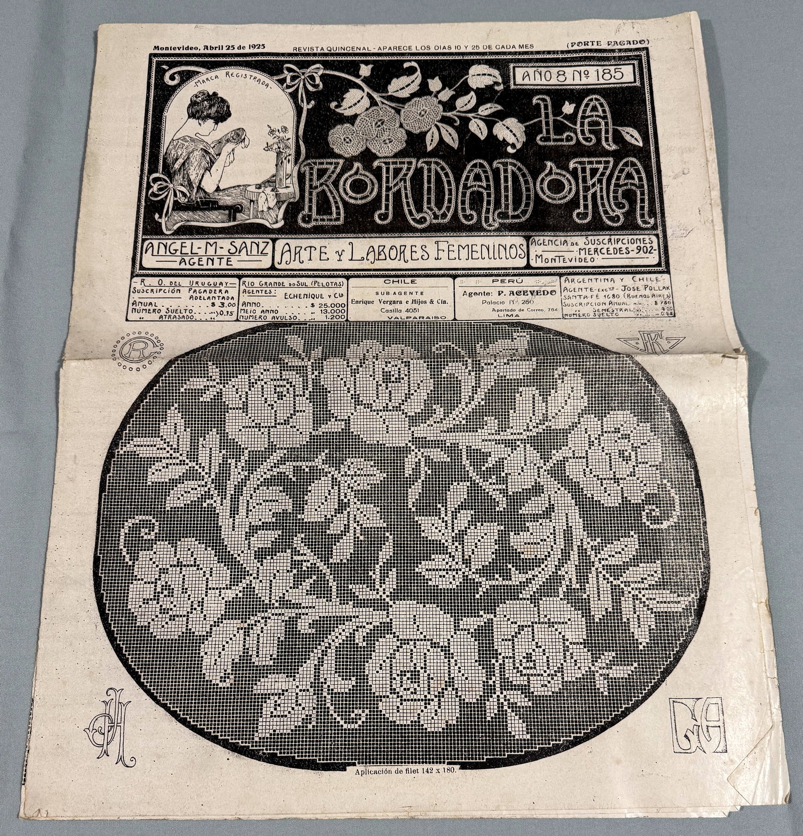 1925 "The embroiderer" embroidery and crafts patterns paper magazine. Original .: "La Bordadora," ("The embroiderer" in Spanish, dated April 25, 1925,embroidery and crafts patterns paper magazine. Original. One folded sheet, it measures 28x36 inches Unfolded. IN HOUSE FLAT SHIPPING