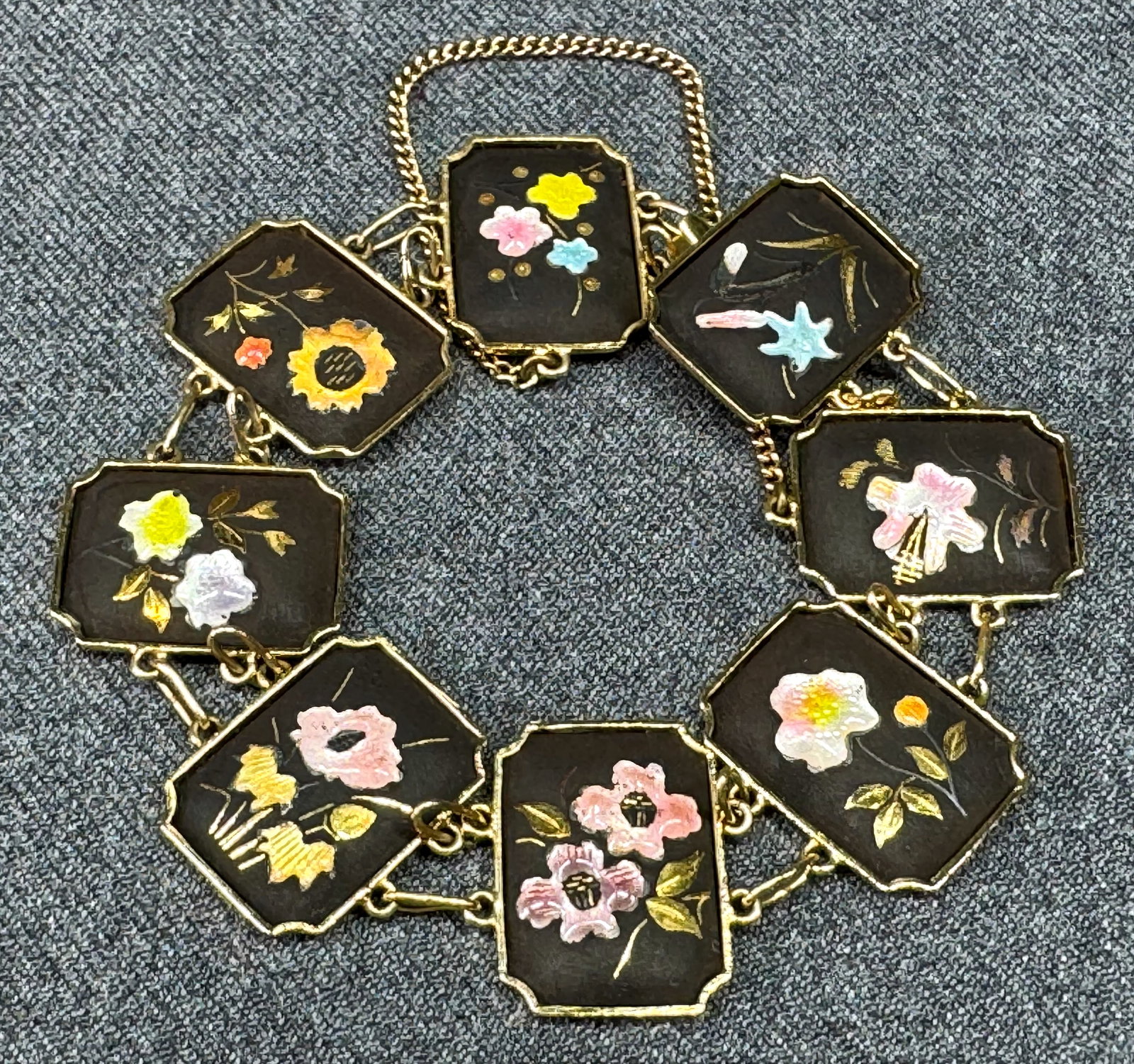 Vintage Japanese damascene color enamel floral panel bracelet. *d (1 of 9)