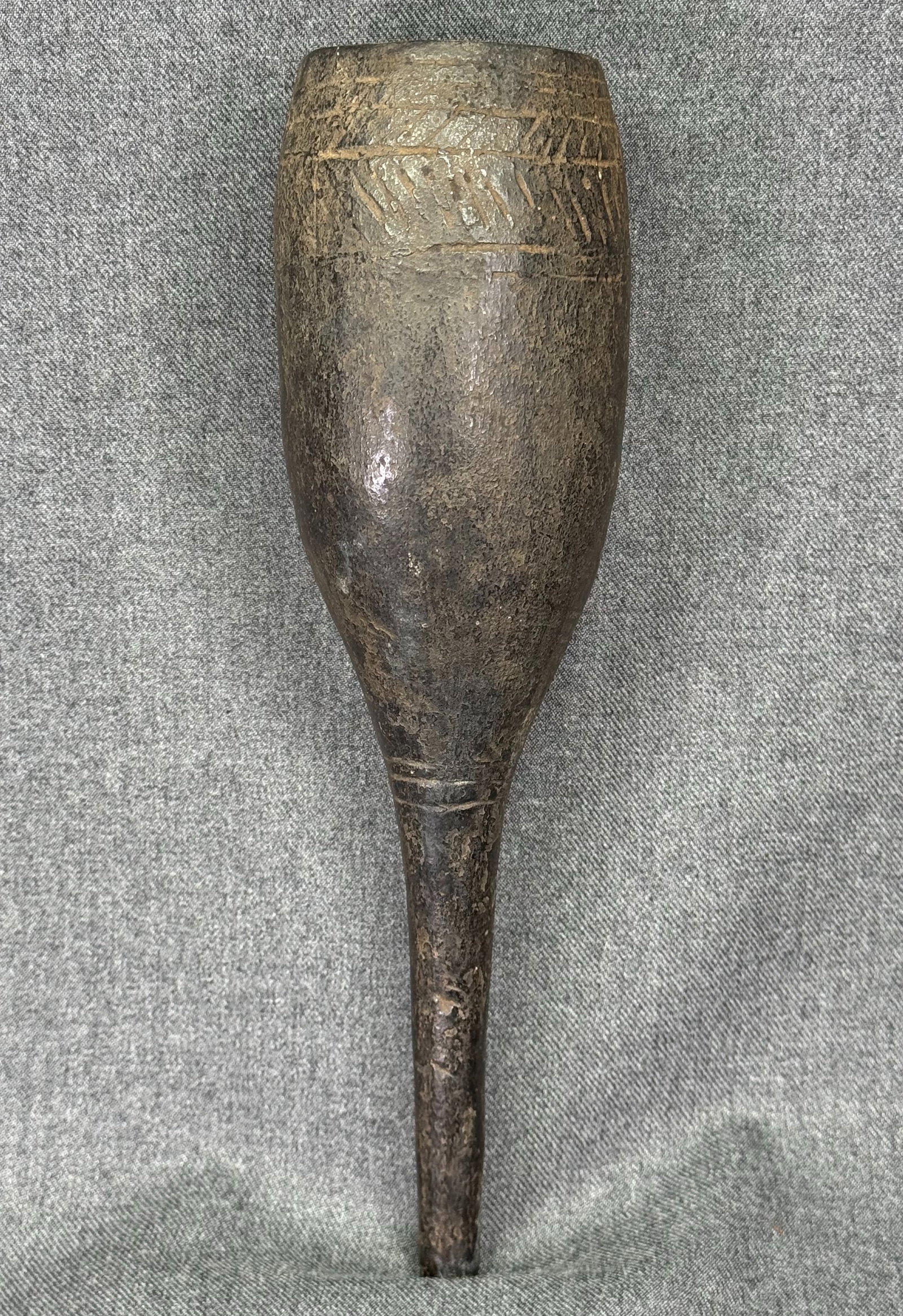 African Kuba Clyster Enema Funnel. Carved and decorated wood.: African Kuba Clyster Enema Funnel. Carved and decorated wood. Comparable example in the collection of University of Miami, Lowe Art Museum. For measures please refer to the pictures taken with a measu