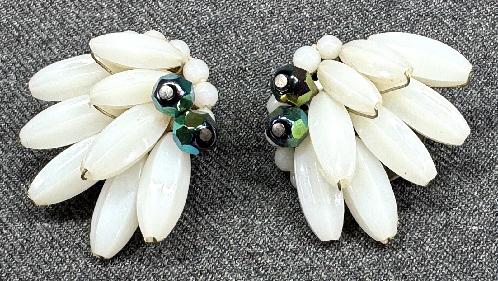 Vintage West Germany wired white plastic & AB glass clip earrings. *d: Vintage West Germany wired white plastic & AB glass clip earrings. Marked. For measures please refer to the pictures taken with a measuring tape. Weight: 12 Grams IN HOUSE FLAT SHIPPING & HANDLING COS
