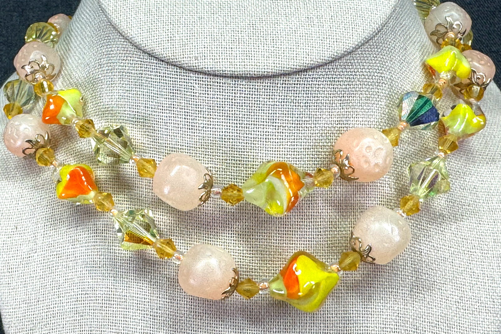 Vintage AB crystal, glass & lucite beads 2 strands necklace. Filigree clasp . *d: Vintage AB crystal, glass & lucite beads 2 strands necklace. Filigree gold-toned clasp. For measures please refer to the pictures taken with a measuring tape. Weight: 50 Grams IN HOUSE FLAT SHIPPING &