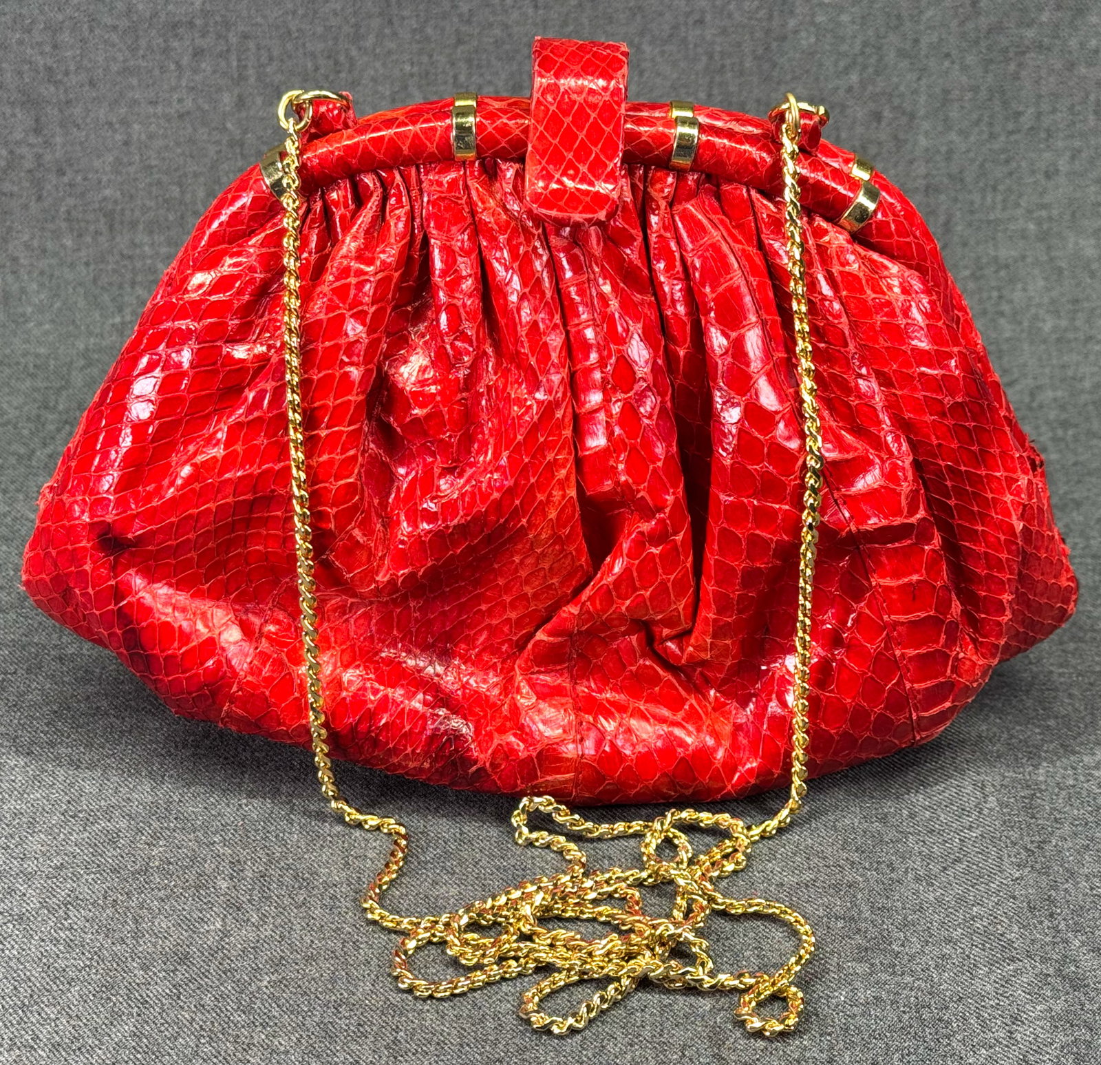 Vintage Lisette NY Florence gathered red snakeskin convertible clutch purse *d (1 of 11)