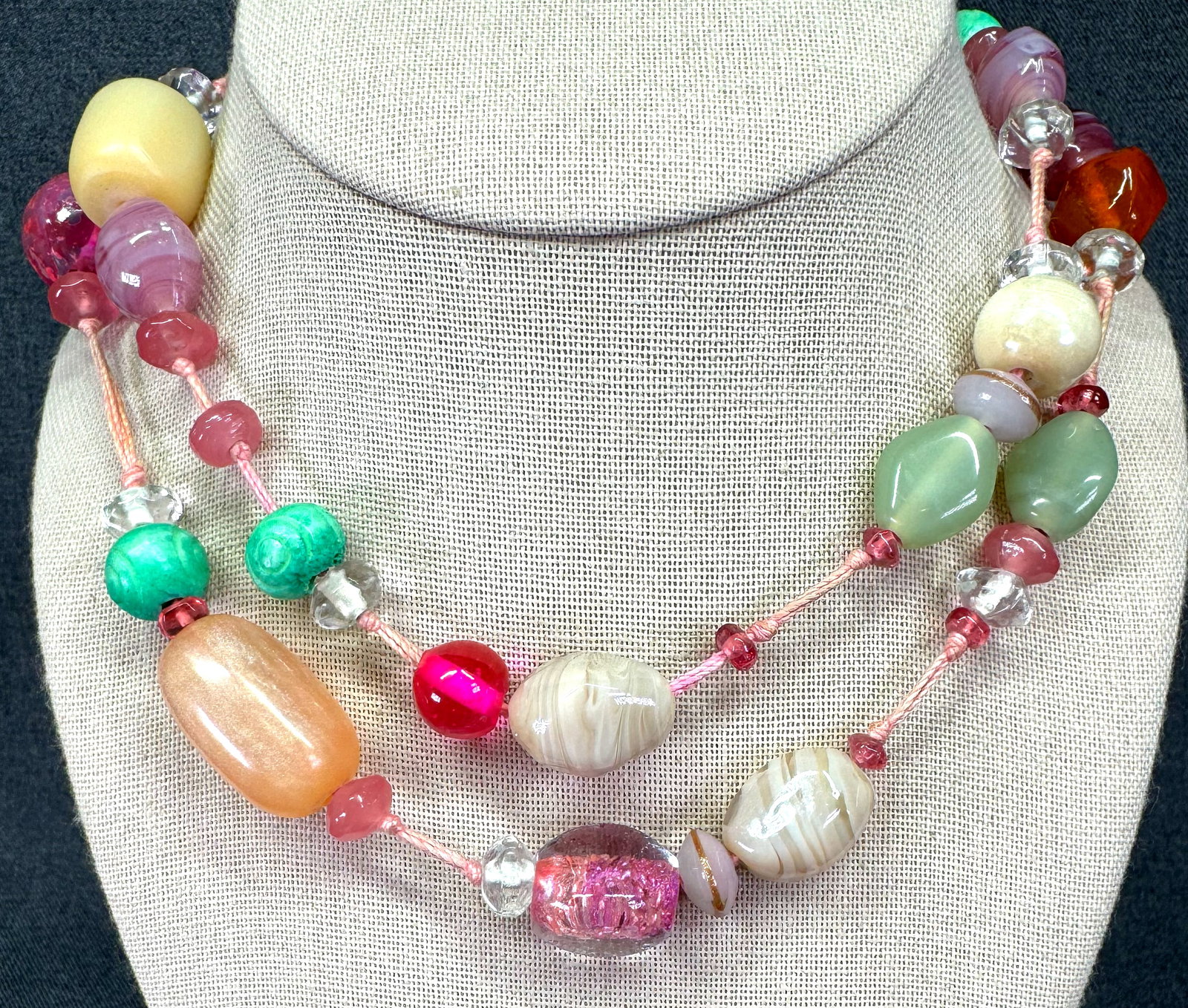 Hand knotted multi color glass & resin beaded necklace. *d: Hand knotted color glass & resin beaded necklace. Rose cord. Unmarked. For measures please refer to the pictures taken with a measuring tape. Weight: 92 Grams. IN HOUSE FLAT SHIPPING & HANDLING COST W