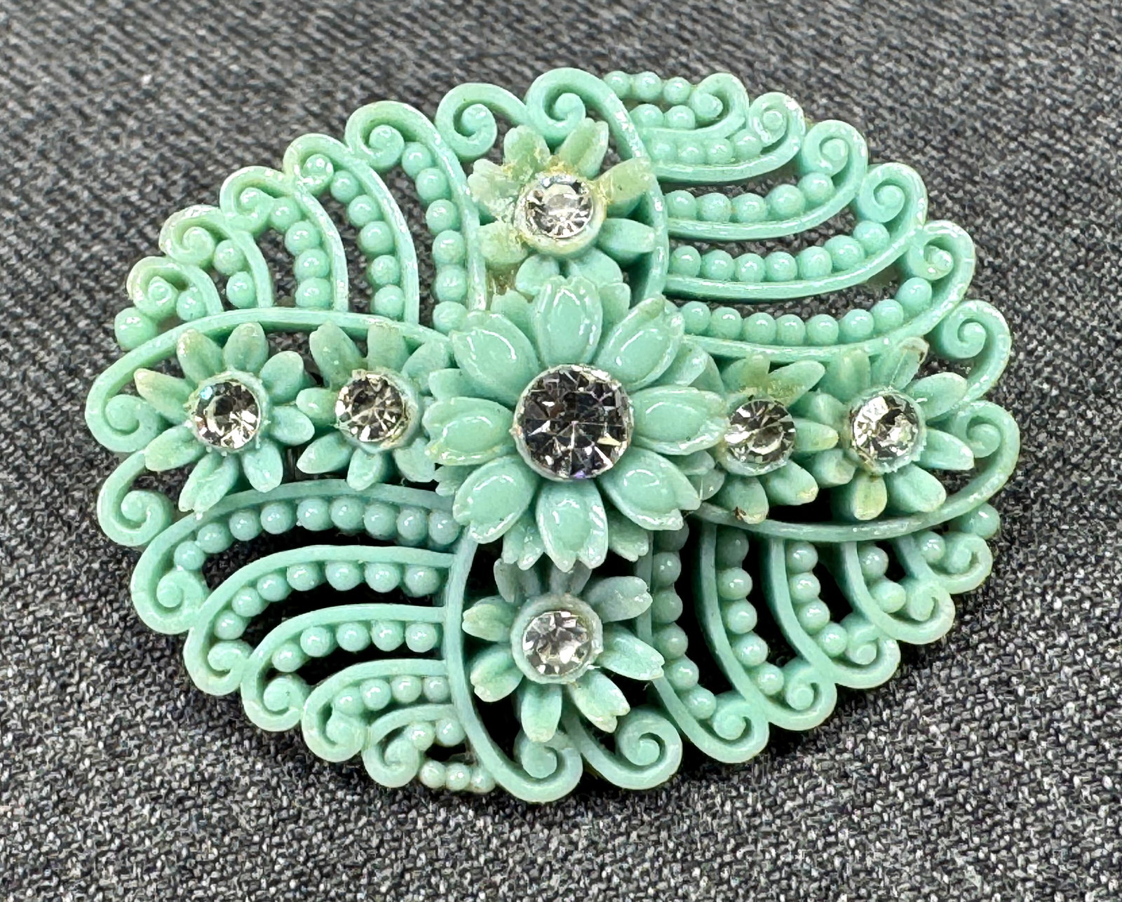Vintage Japanese rhinestones filigree celluloid flowers brooch pin. *c (1 of 4)