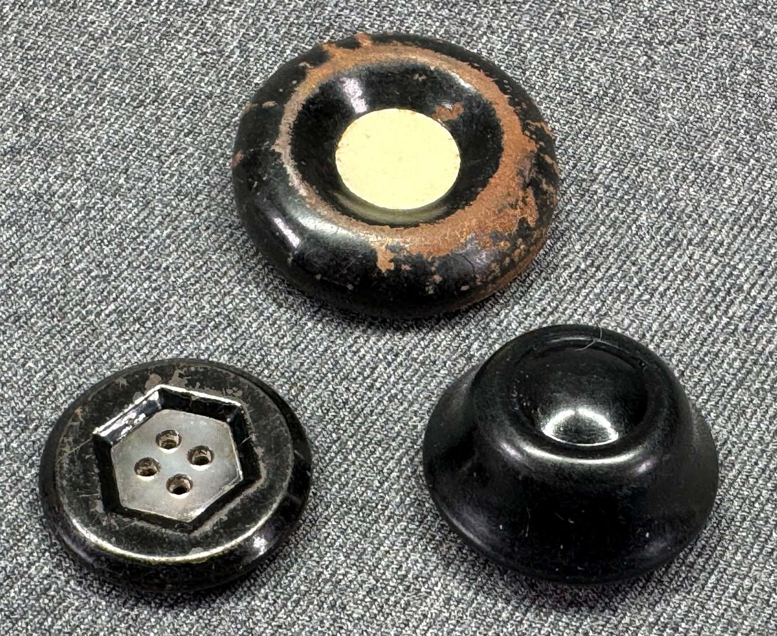 Antique assorted inlay MOP and celluloid tin buttons. Lot of 3 (1 of 4)