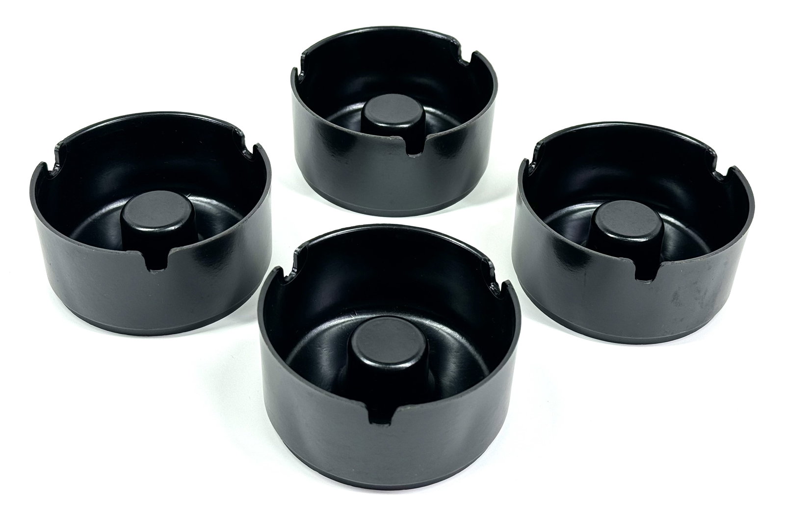 Vintage MCM black bakelite like stacking ashtrays . Lot of 4. Unused.: IN HOUSE FLAT SHIPPING & HANDLING COST WITHIN ALL THE U.S. : $10 To bypass LiveShipping, and use our In-House shipping service for $10 or shipping combined for multiple lots, please select “Arrange 