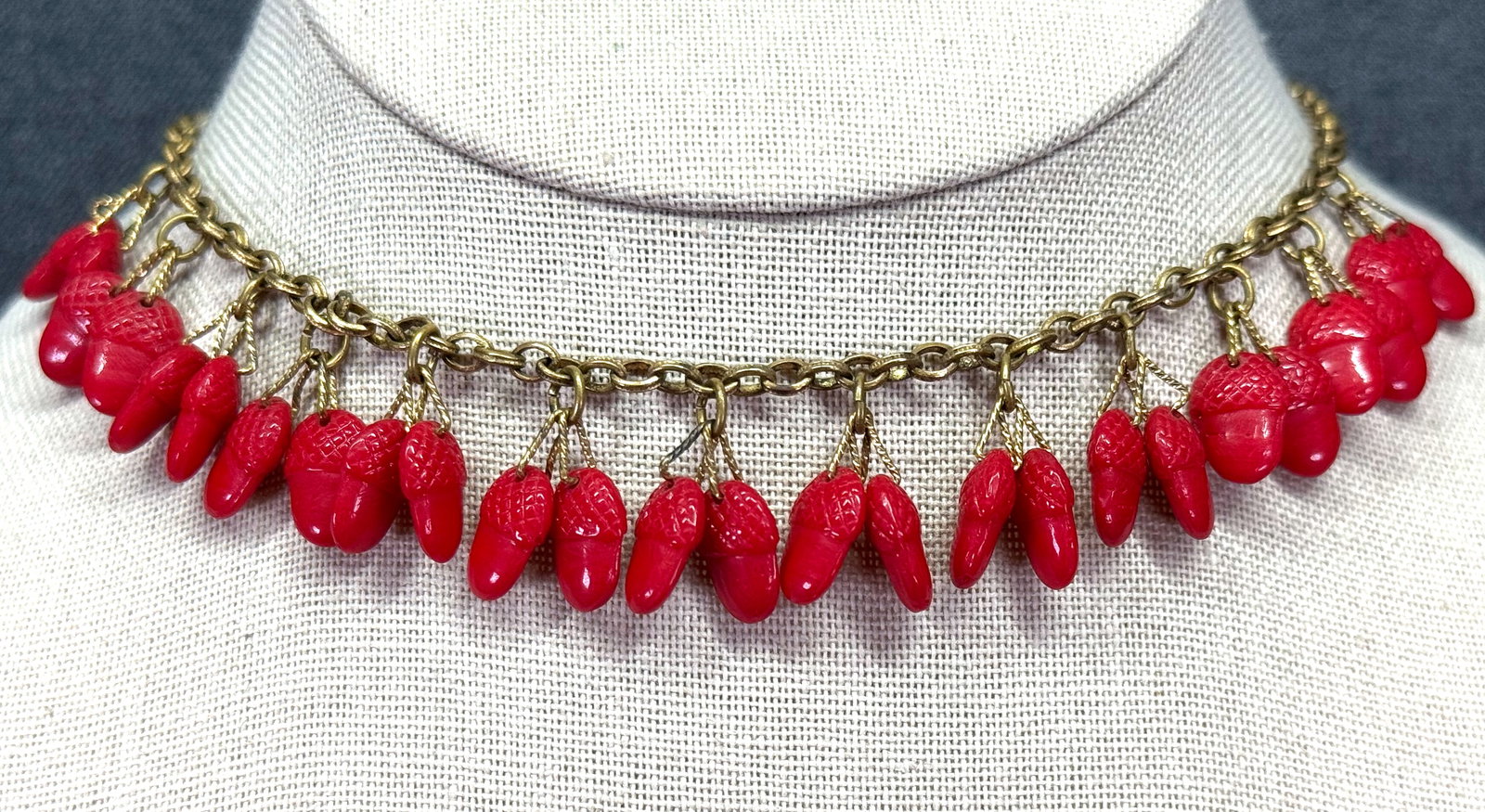 Vintage Czech red glass acorn charm dangles gold-toned metal chain necklace. V: IN HOUSE FLAT SHIPPING & HANDLING COST WITHIN ALL THE U.S. : 7 To bypass LiveShipping, and use our In-House shipping service for 7 or shipping combined for multiple lots, please select “Arrange Your