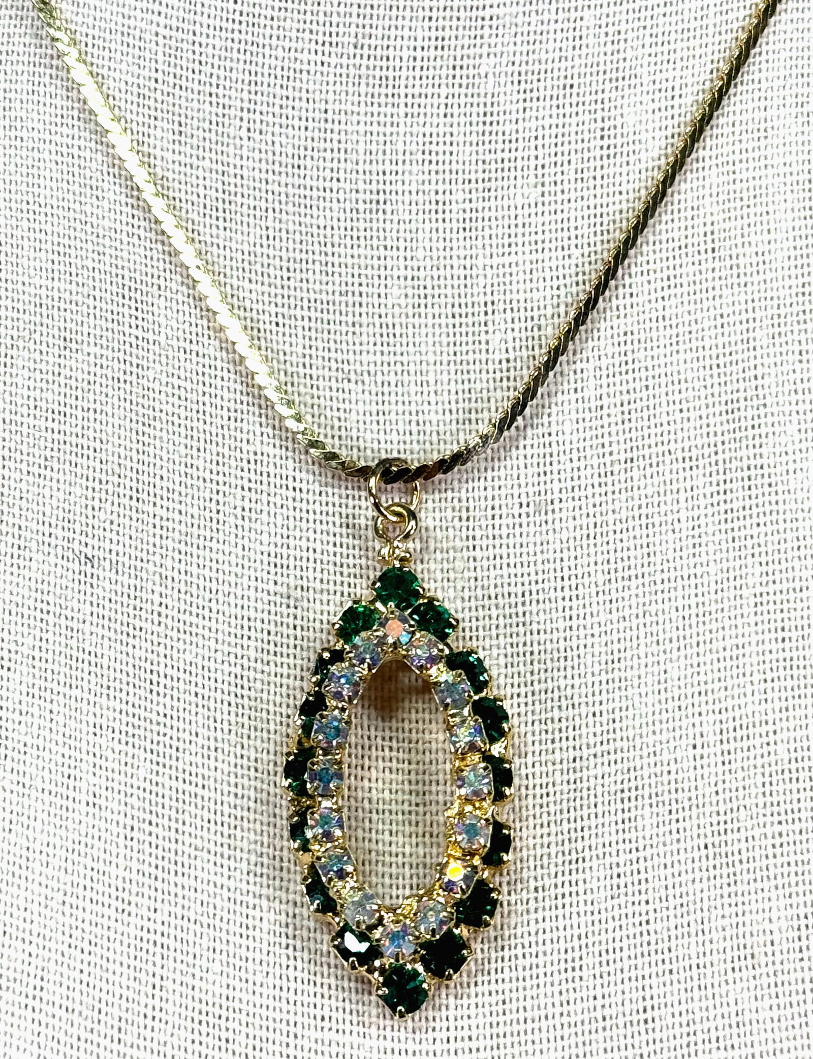Vintage AB and green crystals goldtone metal pendant and snake chain strap collar necklace. (1 of 10)