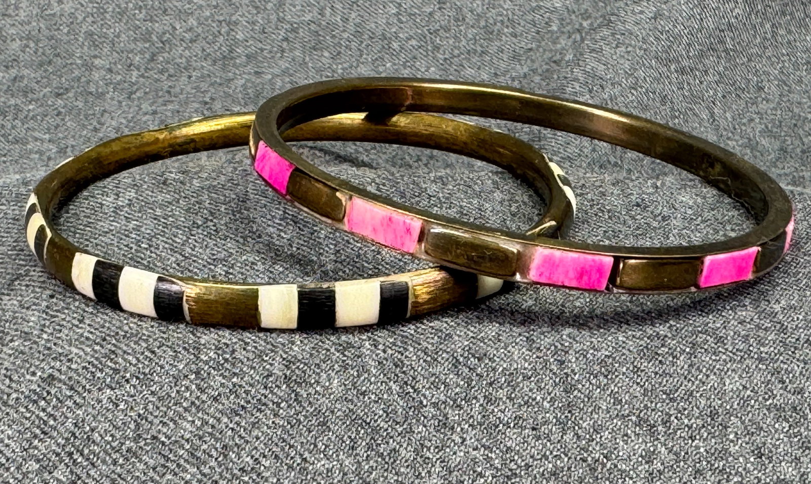 Vintage boho inlay bone brass bangle bracelets. #B: Vintage sliding school theme charms gold-toned bracelet. Unmarked. For measures please refer to the pictures taken with a measuring tape. Weight: 18 Grams. IN HOUSE FLAT SHIPPING & HANDLING COST WITHI