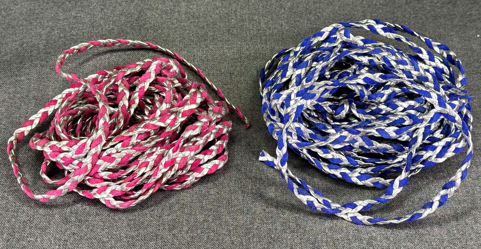 Vintage purple bluish/fuchsia real suede & silver real leather woven cord trim jewelry crafts 12 yd: IN HOUSE FLAT SHIPPING & HANDLING COST WITHIN ALL THE U.S. : 7 To bypass LiveShipping, and use our In-House shipping service for 7 or shipping combined for multiple lots, please select “Arrange Your