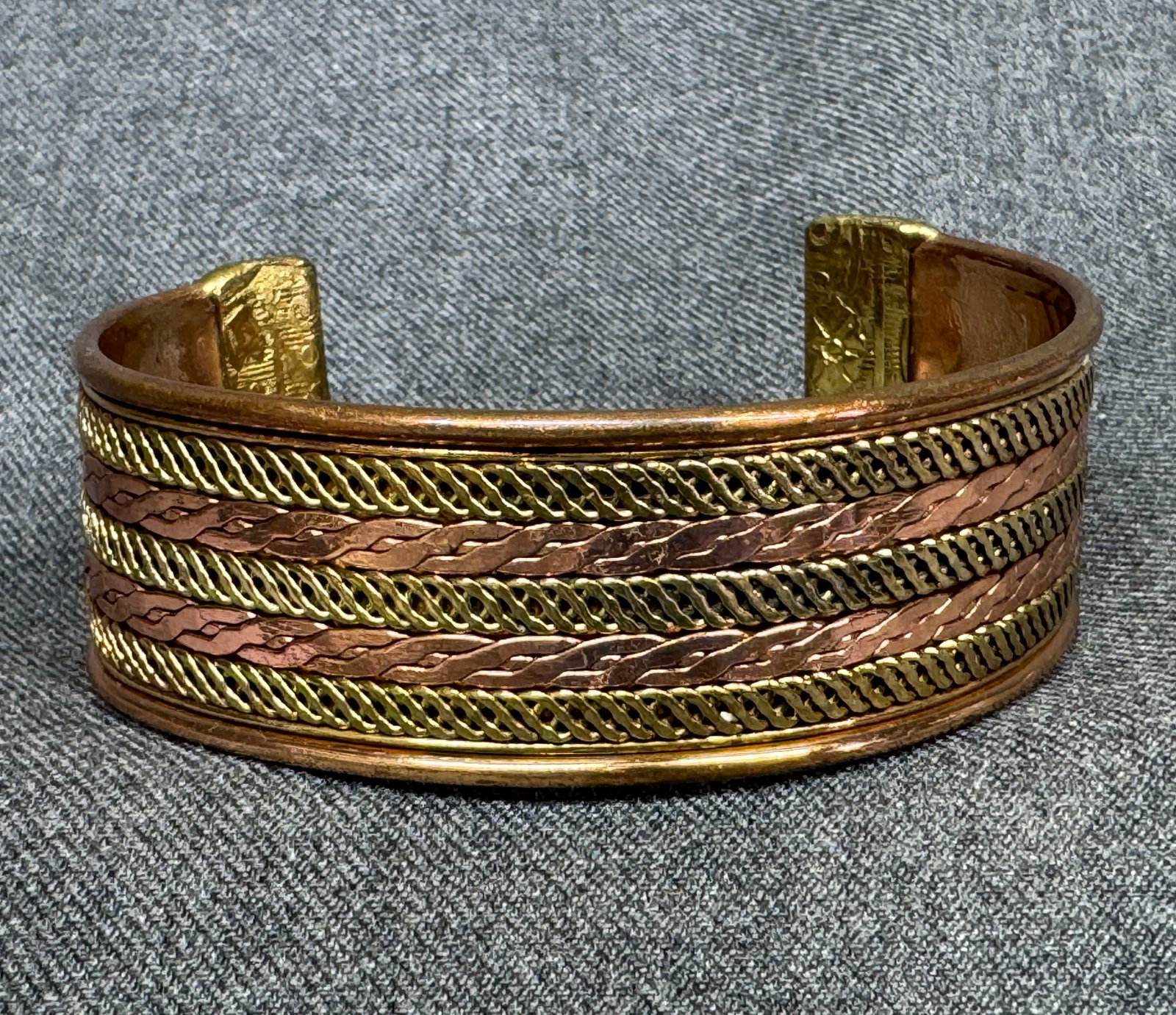 Vintage Handmade Cuff Bracelet . Solid copper base inlaid bands of braided brass & copper. *f (1 of 8)