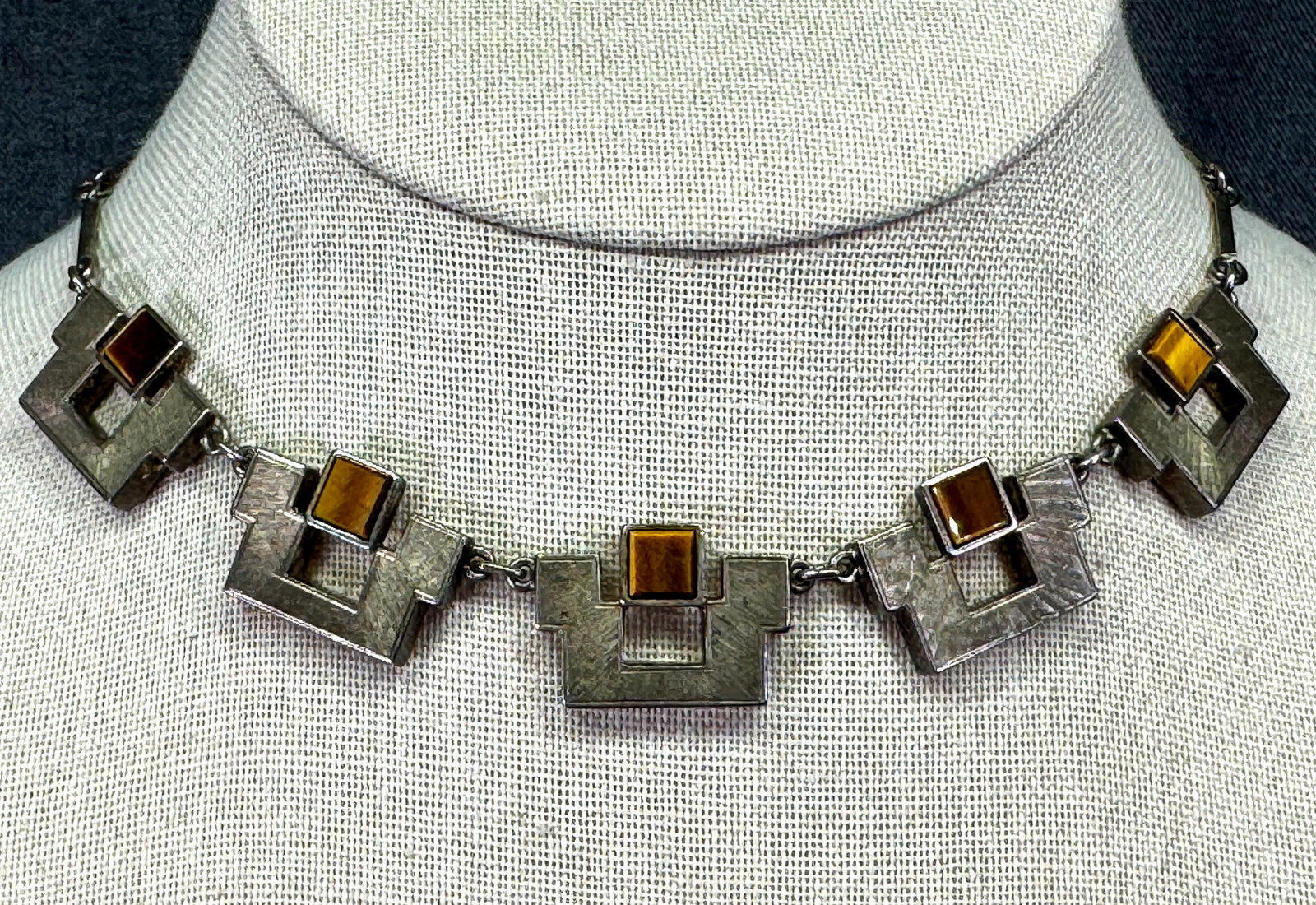 Vintage brutalist Belgiorno style tiger eye sterling silver choker necklace. *c (1 of 9)