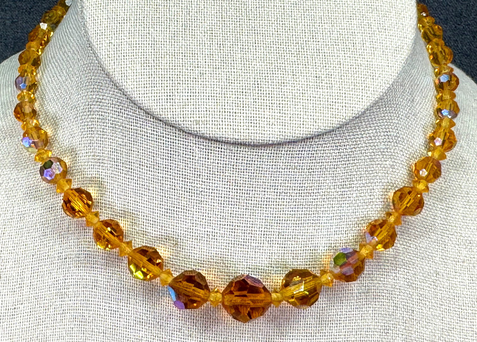 Vintage 50s aurora borealis crystal collar necklace. Amber color. *e: Vintage 50s aurora borealis crystal collar necklace. Amber color. Unmarked. For measures please refer to the pictures that were taken with a measuring tape. Weight: 18 Grams. IN HOUSE FLAT SHIPPING & 