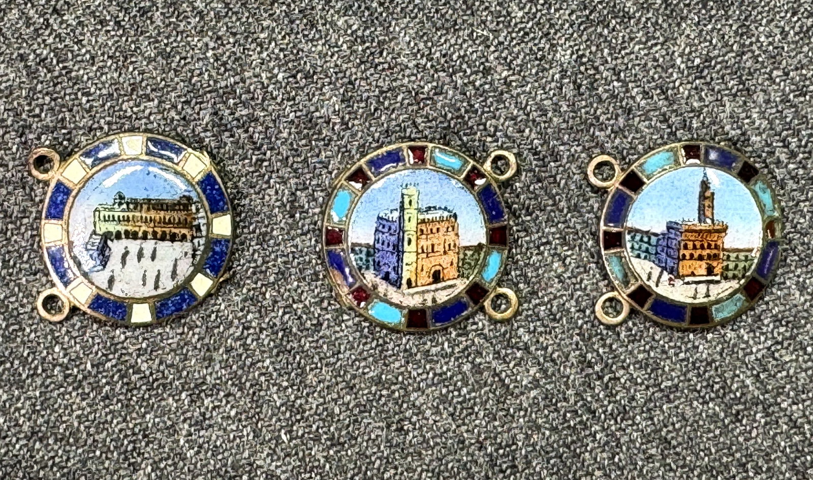 Antique enamel Vatican City, Pisa & Florence souvenir panels . *e: Antique enamel silver-toned Vatican City, Pisa & Florence souvenir panels for repurpose . One is marked Italy. For measures please refer to the pictures that were taken with a measuring tape. Weight: 