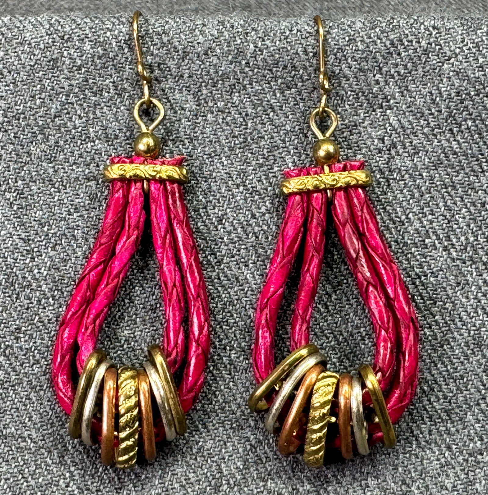 Vintage boho woven leather multi-metal sliding rings drop hook earrings *a (1 of 4)
