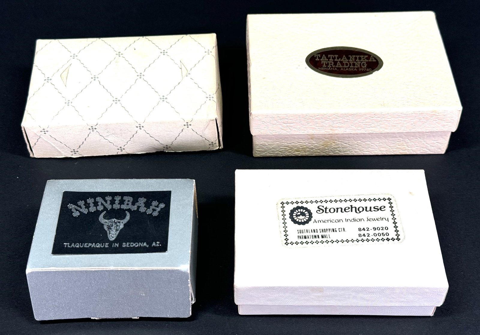 Vintage Utah Gifts, Tatlanika Trading, Ninibah, Stonehouse American Indian Jewelry cardboard boxes.: IN HOUSE FLAT SHIPPING & HANDLING COST WITHIN ALL THE U.S. : $7 To bypass LiveShipping, and use our In-House shipping service for $7 or shipping combined for multiple lots, please select “Arrange Yo