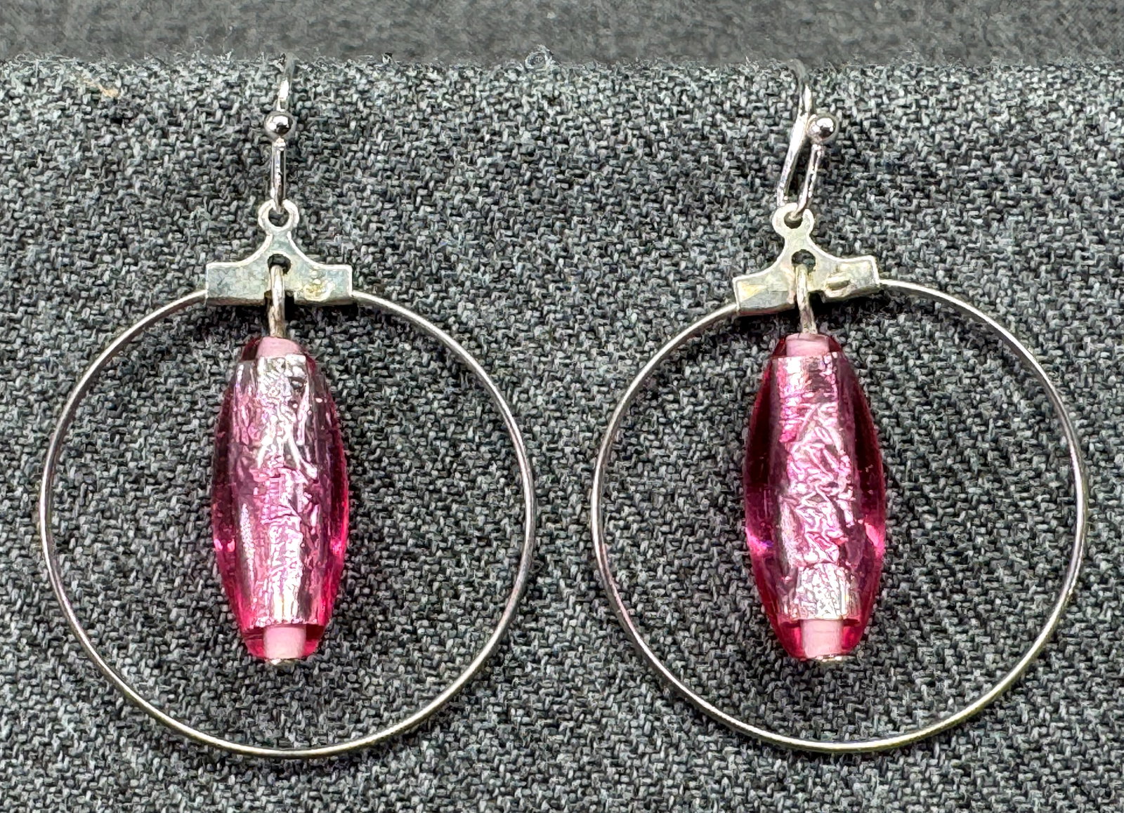 Vintage pink dichroic glass silver-toned hoop hook earrings #a: Vintage pink dichroic glass silver-toned hoop hook earringsUnmarked. For measures please refer to the pictures taken with a measuring tape. Weight: 7 Grams. IN HOUSE FLAT SHIPPING & HANDLING COST WITH