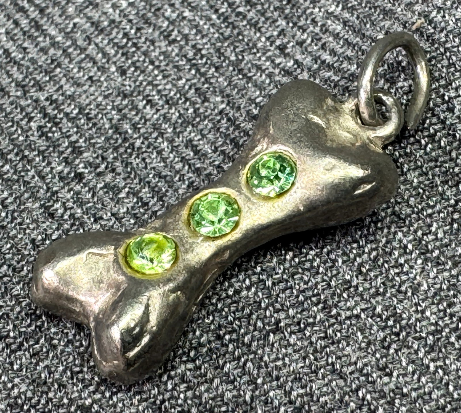Vintage green rhinestones silver-toned dog bone charm pendant. *a (1 of 4)