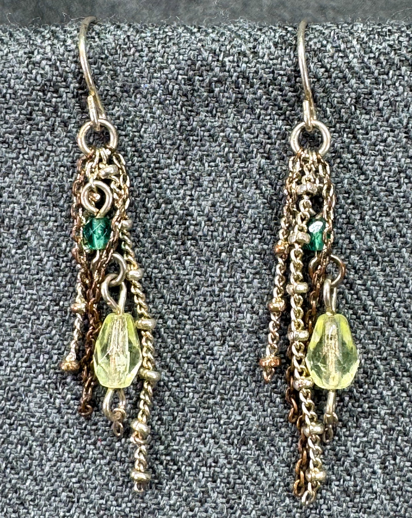 Vintage handcrafted chain with beads dangles hook earrings #a: Vintage handcrafted chain with beads dangles hook earrings. Unmarked. For measures please refer to the pictures taken with a measuring tape. Weight: 3 Grams. IN HOUSE FLAT SHIPPING & HANDLING COST WIT