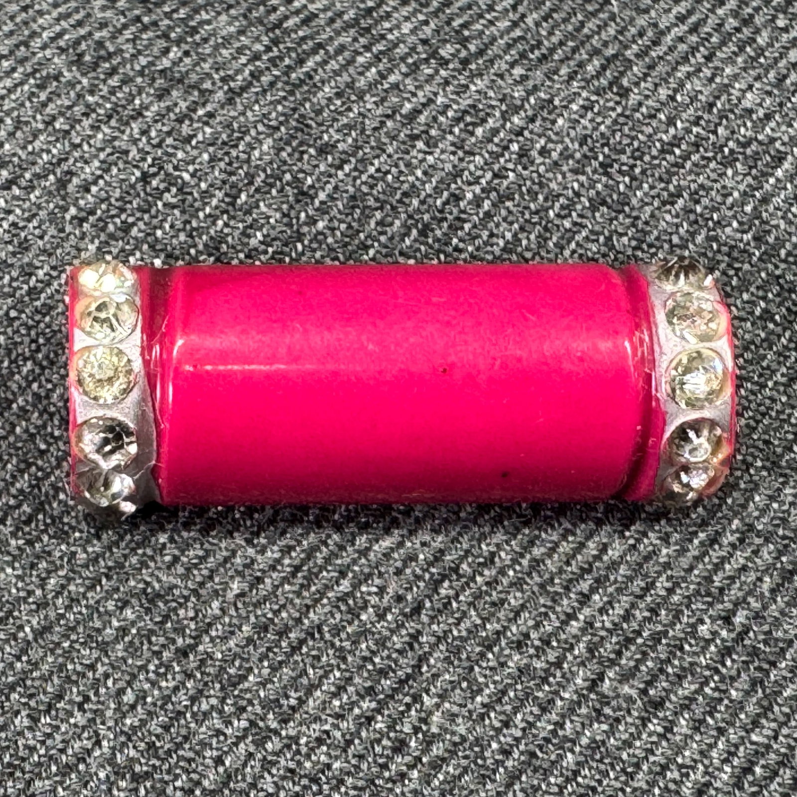 Vintage art deco encrusted clear rhinestones fuchsia celluloid button: IN HOUSE FLAT SHIPPING & HANDLING COST WITHIN ALL THE U.S. : $7 To bypass LiveShipping, and use our In-House shipping service for $7 or shipping combined for multiple lots, please select “Arrange Yo