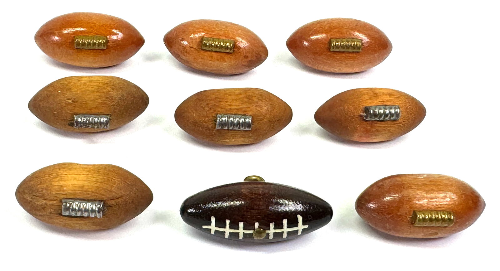 Vintage wooden and metal football shaped buttons. Lot of 9.: IN HOUSE FLAT SHIPPING & HANDLING COST WITHIN ALL THE U.S. : $7 To bypass LiveShipping, and use our In-House shipping service for $7 or shipping combined for multiple lots, please select “Arrange Yo