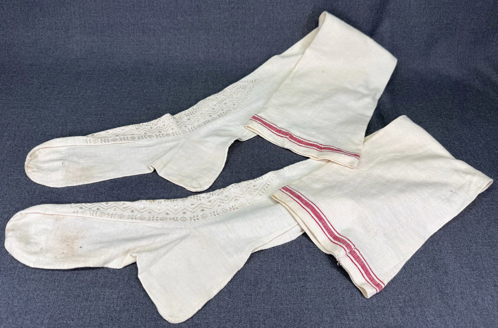 Antique Edwardian Embroidery Stockings w/ red trim: IN HOUSE FLAT SHIPPING & HANDLING COST WITHIN ALL THE U.S. : $7 To bypass LiveShipping, and use our In-House shipping service for $7 or shipping combined for multiple lots, please select “Arrange Yo