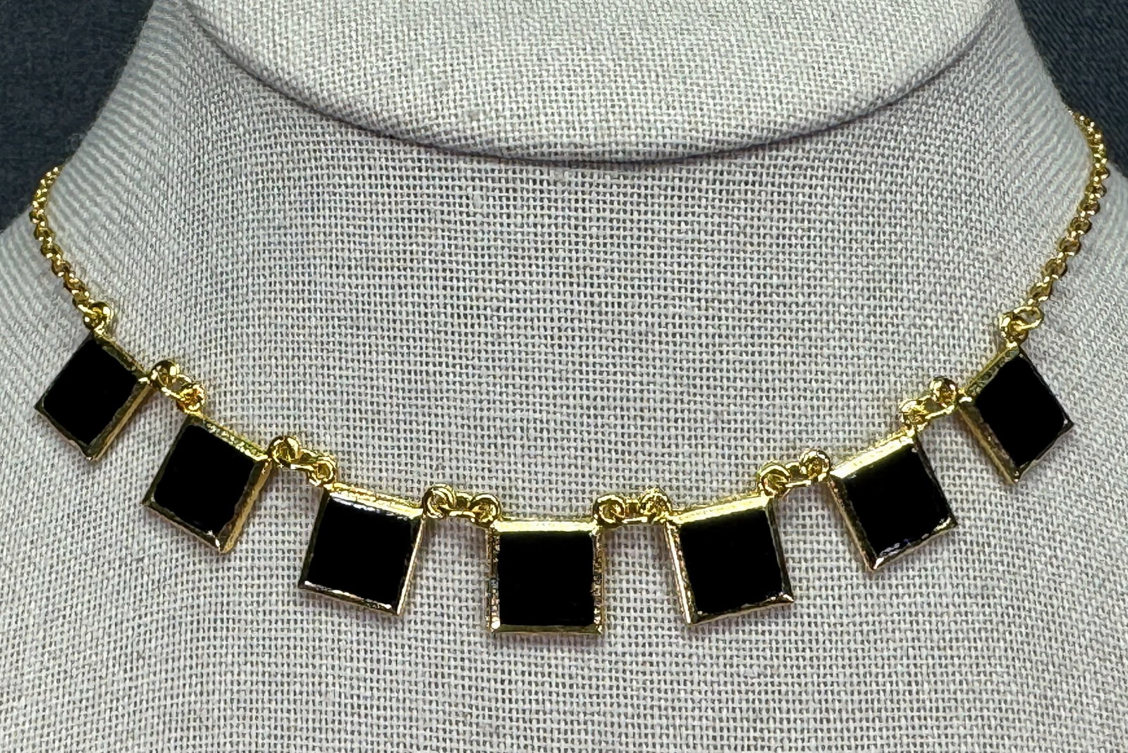 Vintage black enamel panels collar necklace. Gold-toned . *e (1 of 5)