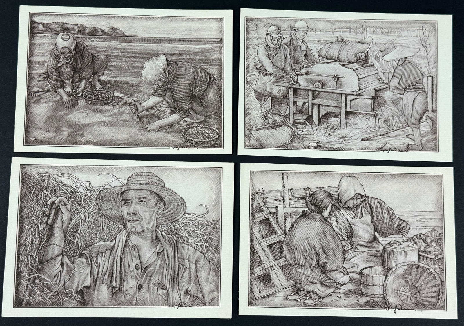 Vintage Japanese 50's Willy Seiler Art Postcards.Fisherwomen.Rice Threshing.Clam Digging,Rice Farmer: IN HOUSE FLAT SHIPPING & HANDLING COST WITHIN ALL THE U.S. : $7 To bypass LiveShipping, and use our In-House shipping service for $7 or shipping combined for multiple lots, please select “Arrange Yo