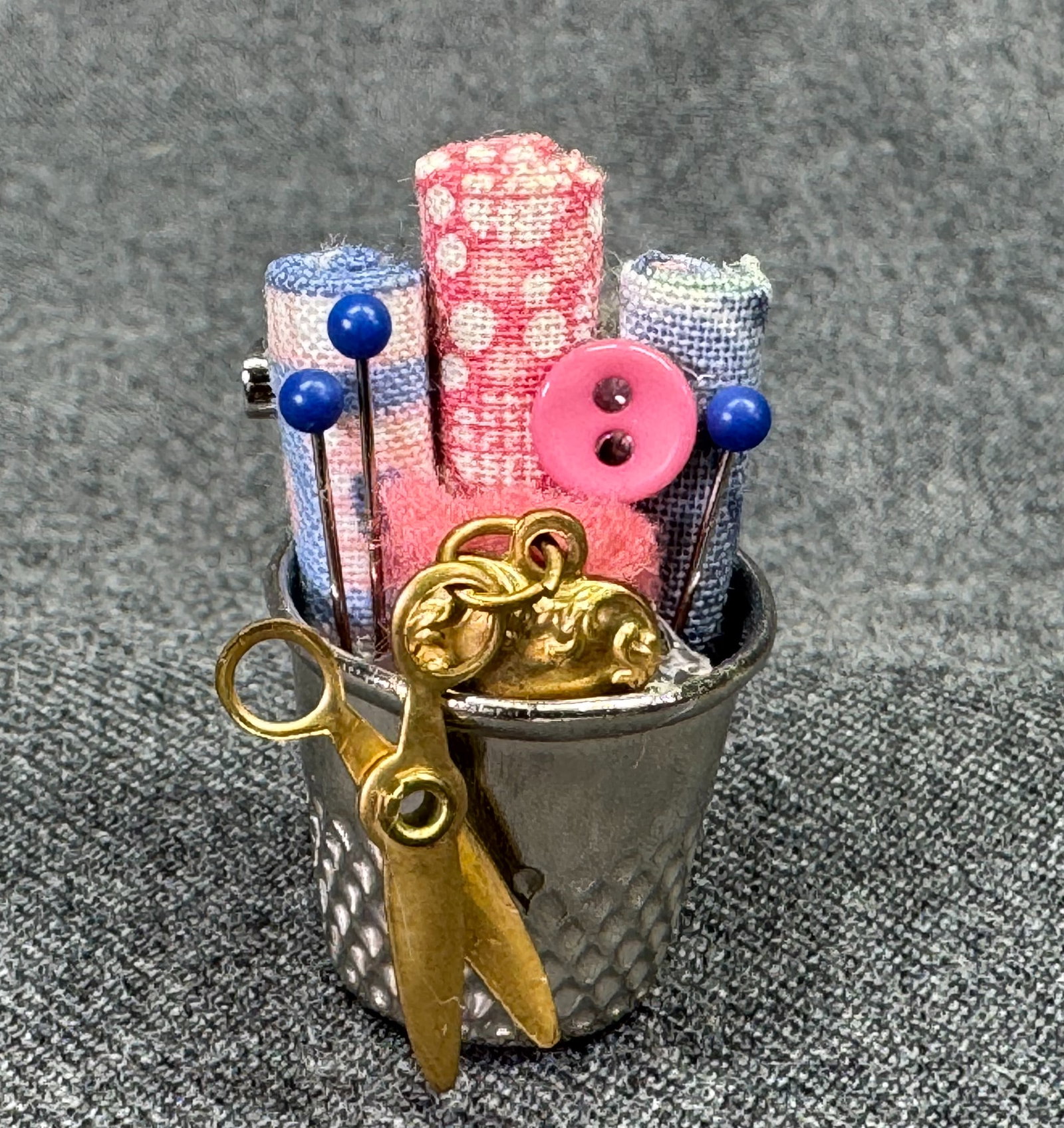 Miniature sewing kit assembled brooch pin. Working scissors, metal thinble. (1 of 7)