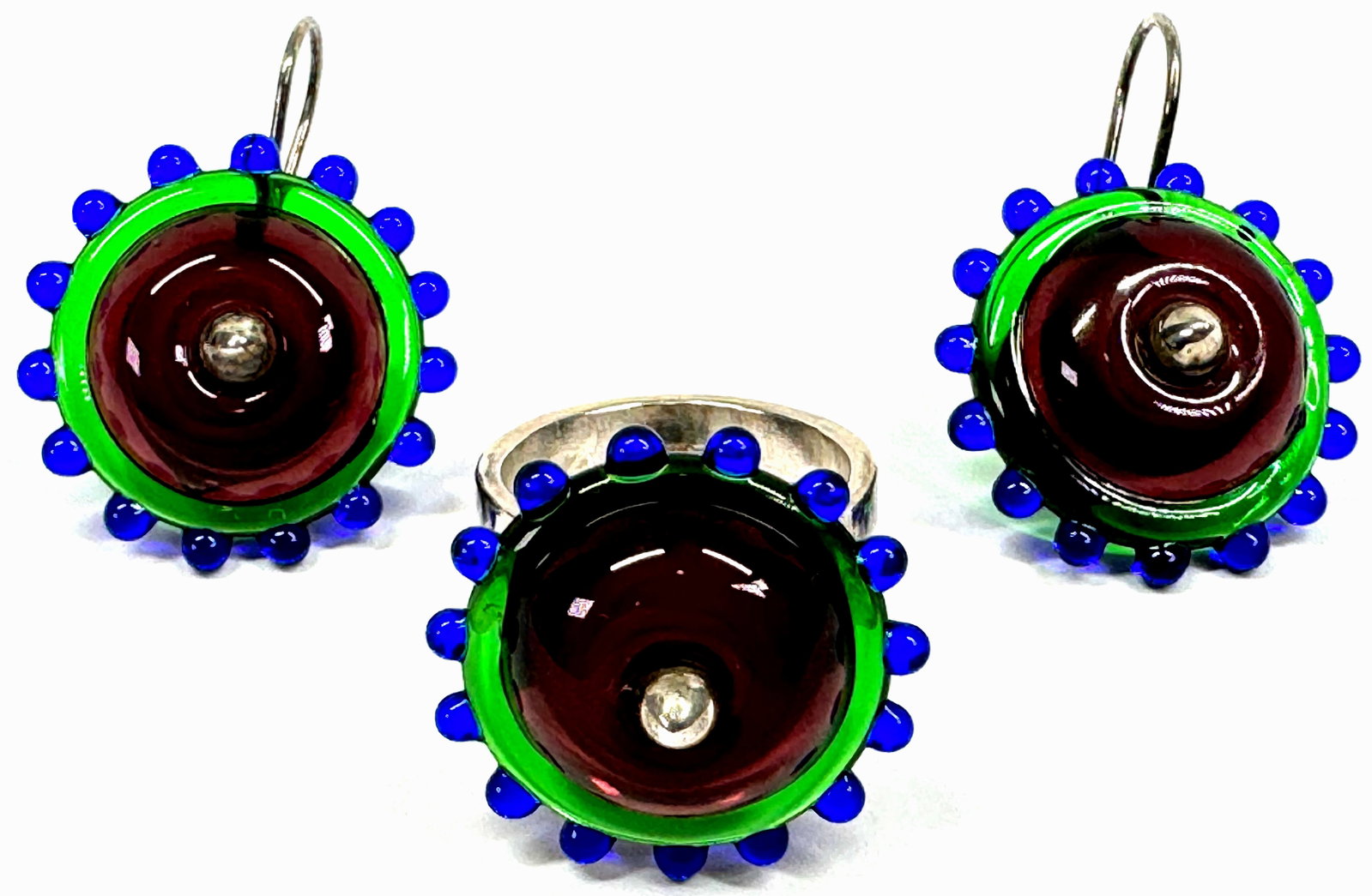 Kristina Logan Glass Flower Sterling Earrings & Ring Set.: IN HOUSE FLAT SHIPPING & HANDLING COST WITHIN ALL THE U.S. : 7 To bypass LiveShipping, and use our In-House shipping service for 7 or shipping combined for multiple lots, please select “Arrange Your