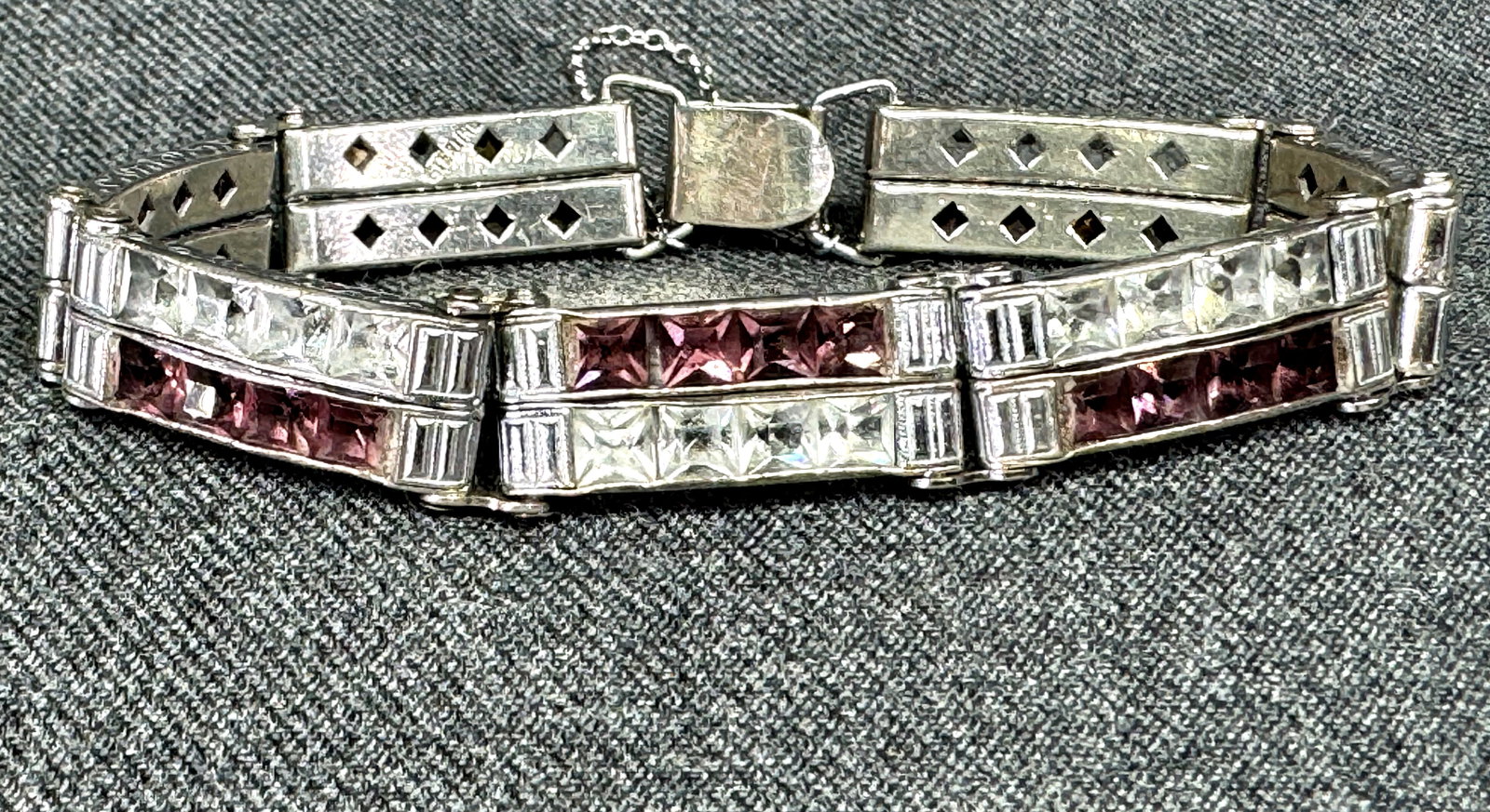 Vintage art deco faceted purple & clear crystals sterling silver panels bracelet: IN HOUSE FLAT SHIPPING & HANDLING COST WITHIN ALL THE U.S. : 7 To bypass LiveShipping, and use our In-House shipping service for 7 or shipping combined for multiple lots, please select “Arrange Your