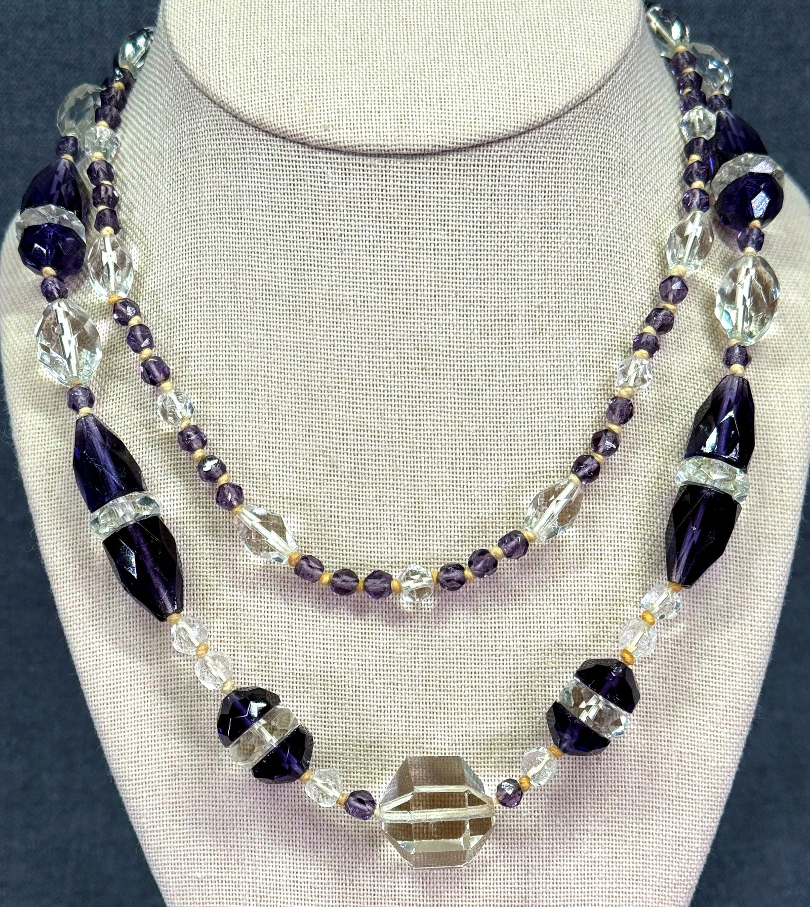 Antique art deco flapper faceted crystal purple & clear hand knotter beads necklace 1AUT: IN HOUSE FLAT SHIPPING & HANDLING COST WITHIN ALL THE U.S. : 7 To bypass LiveShipping, and use our In-House shipping service for 7 or shipping combined for multiple lots, please select “Arrange Your